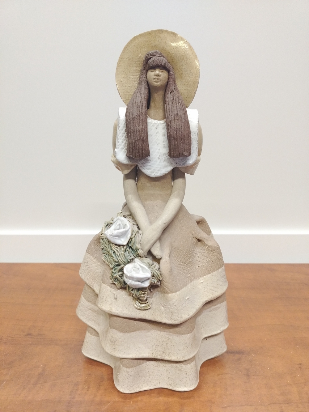 Beautiful Matte & Glazed Clay Pottery Art Tall Flower Girl Figurine Statue 10.5"